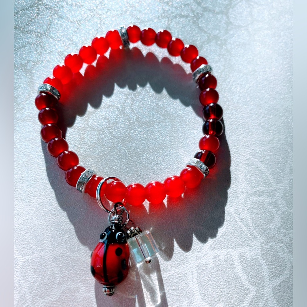 Red Beaded Bracelet with Ladybug Charm
